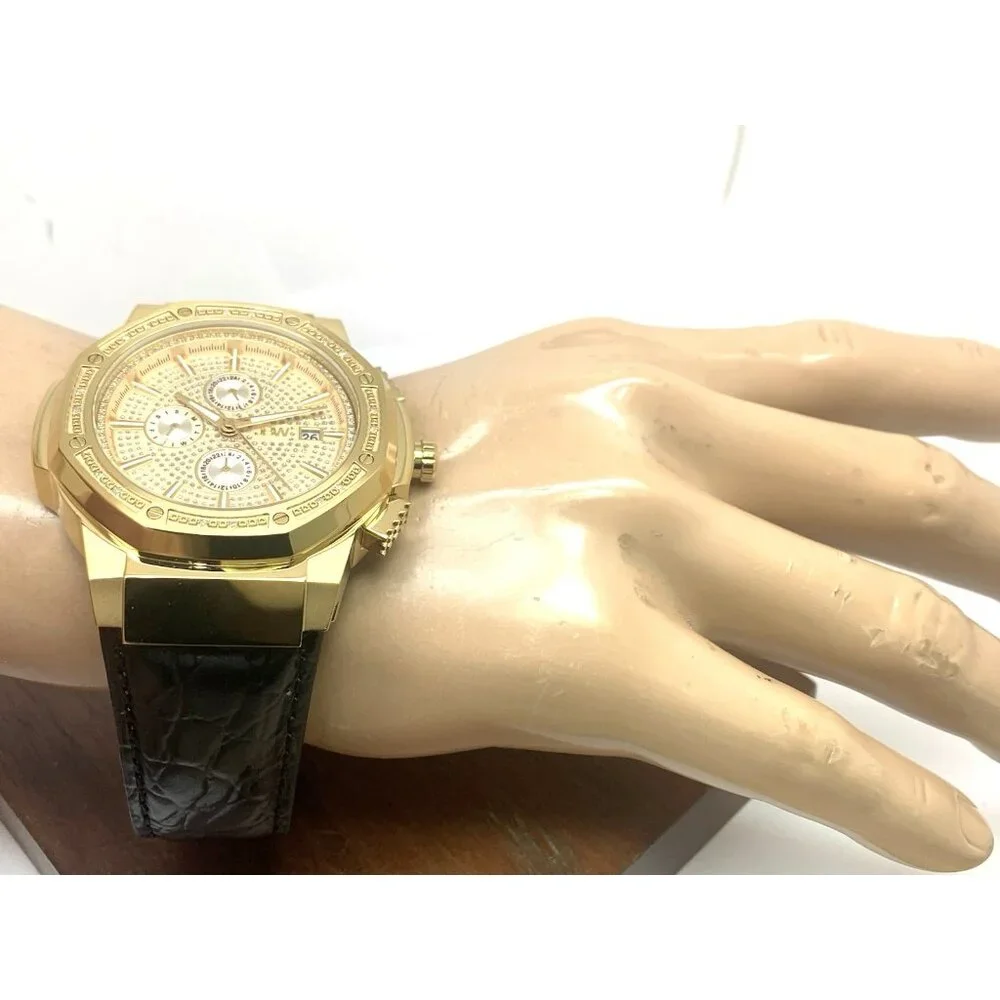 JBW Men's Watch JB-6101L-10A Saxon Diamond Quartz Gold Black Leather Band 48mm